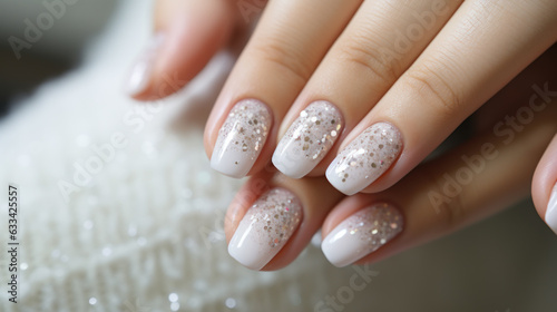 Beautiful female hands with manicure close-up, modern stylish wedding nail design, hands of the bride, generative ai