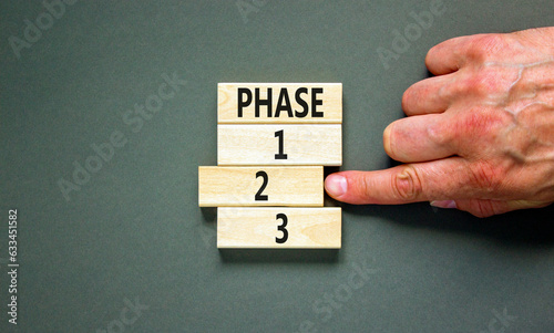 Time to phase 2 symbol. Concept word Phase 1 2 3 on wooden block. Businessman hand. Beautiful grey table grey background. Business planning and time to phase 2 concept. Copy space.