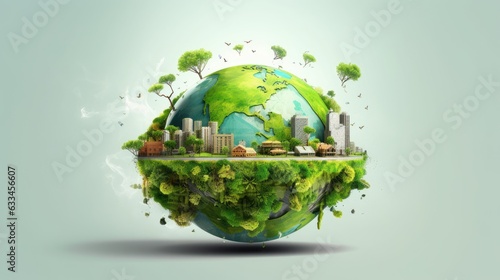Symbolic 3D image of the globe with elements of human activity and nature. Environment, save clean planet, ecology concept. Saving nature for future generations. Earth Day banner with copy space.