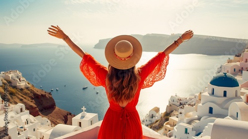 Europe travel happy vacation woman. Girl tourist having fun with open arms in freedom in Santorini cruise holiday, summer european destination. Red dress and hat person Generative AI