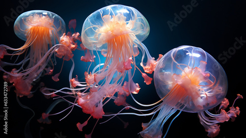 Behold a celestial ballet as translucent jellyfish drift gracefully, their bioluminescent trails leaving traces of stardust in the tranquil waters, creating an ethereal dance of li 