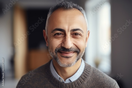 Middle aged businessman of arab ethnicity smiling in a modern office and looking at camera