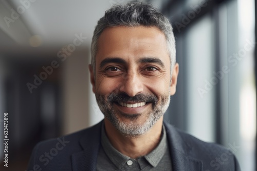 Middle aged businessman of arab ethnicity smiling in a modern office and looking at camera