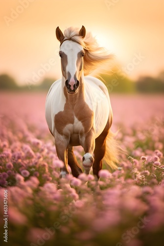White, mustang horse portrait in pastel wild pink flowers field at sunrise light, running, AI Generated