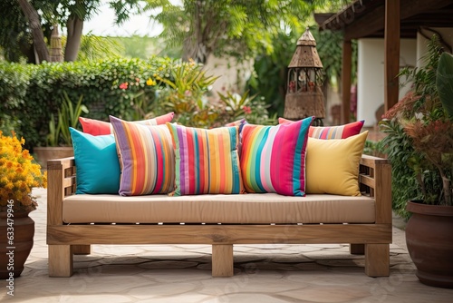 Adorable and inviting wooden furniture adorned with vibrant pillows, creating a cozy and charming atmosphere in a patio or outdoor lounge area during summer.