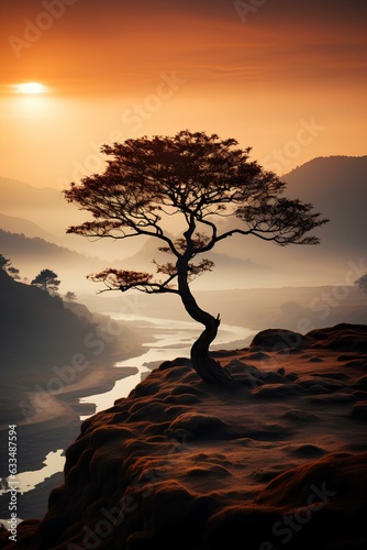 a lone tree sitting on top of a hill, mist, desert ambience, digital art style wallpaper. generative AI