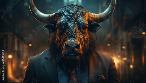Bull man, boss businessman earns money on the stock exchange by trading shares, economic growth in sales income. Made in AI.