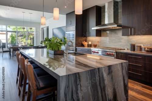 New luxury home boasts a stylish kitchen featuring a quartz waterfall island, elegant hardwood floors, sleek dark wood cabinets, and modern stainless steel appliances.