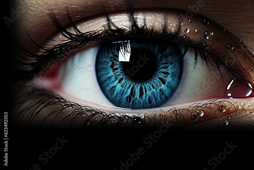 A mesmerizing close-up of a vibrant blue eye with a tear created with Generative AI technology