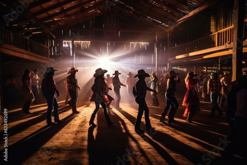 People dancing in a barn with cowboy hats .Generative AI