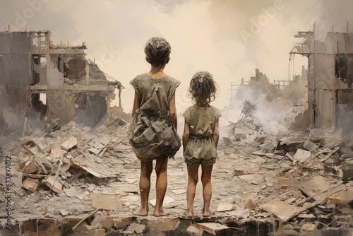 Family looking in war-torn debris.