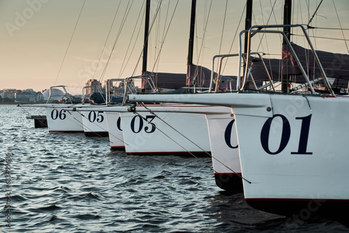 six sheathed sailboats stand in port waiting for tomorrow's race, bowsprits and masts at dusk