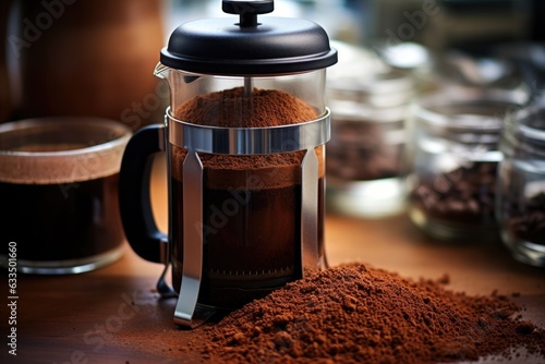 close-up of a french press coffee maker with coffee grounds