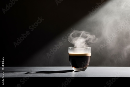 close-up café con sombras, café caliente, expreso servido en vaso de cristal con espuma y humo