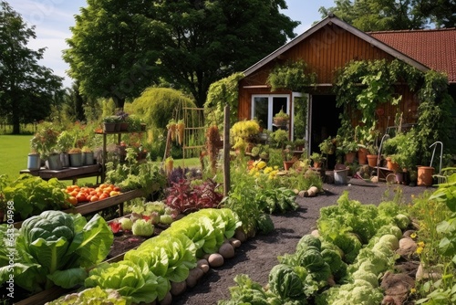 self-sufficient garden with various vegetables and herbs