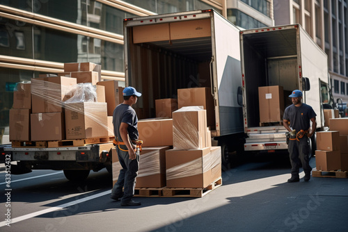 Moving service Workers outdoor, near van with a many cardboard boxes. AI generated