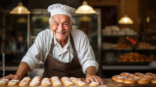 portrait of a pleased, man in his 80s that is baking delicious pastries wearing a chef's hat and apron against a bakery background