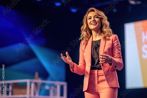 Motivational speaker with headset performing on stage.