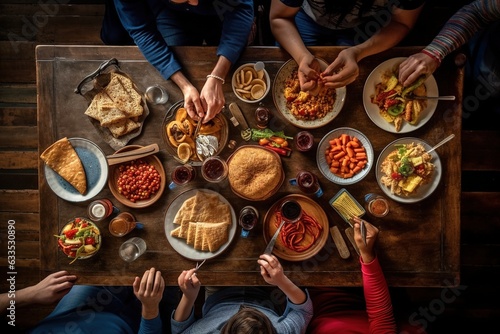 Top view of group of people having dinner together while sitting at the rustic wooden table.