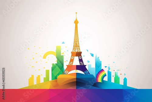 Tour Eiffel symbol colorful design postcard Olympic games. Generative AI