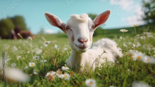 Cute goat grazing on green meadow