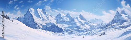 Winter landscape with snowy mountains, winter mountains panorama banner