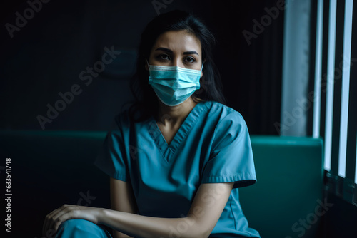 Tired depressed female scrub nurse with face mask. Exhausted sad doctor feels burnout and stress