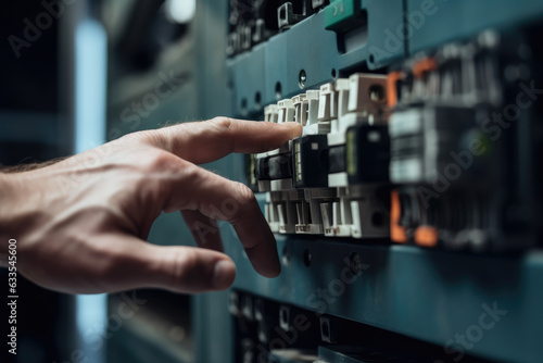 Macro shot of an industrial contactor with a large hand reaching out to touch it