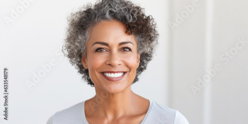 Brazilian middle aged smiling woman, healthy, longevity, happy