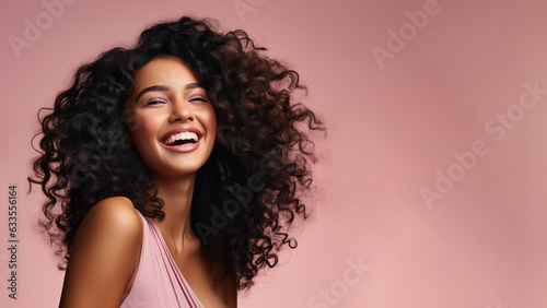 Beautiful afro-american girl with curly long hair, Treatment, care and spa procedures.