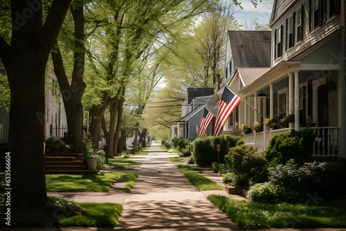 Neighborhood. USA flag waving on a quiet main street with american dream houses, neural network generated photorealistic image