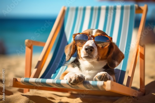 Dog Puppy wearing sunglasses, lying on a sunbed to sunbath at the beach sea on summer vacation, holidays. Funny concept. 