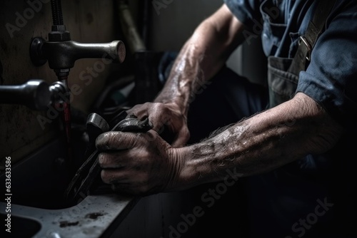 plumber, hands and man with a wrench for plumbing and home repair in the workshop