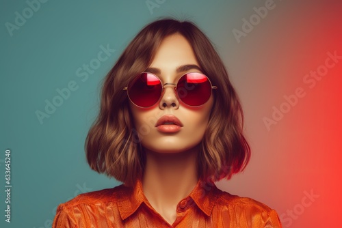 Young Woman's Stylish Portrait. Trendy Sunglasses on Isolated Background. Fashionable Confidence and Chic Vibes. Captivating Gaze and Modern Elegance. Generative Ai