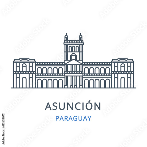 Asunción, Paraguay. Vector illustration of Asuncion in the country of Paraguay. Linear icon of the famous, modern city symbol. Cityscape outline line icon of city landmark on a white background. 