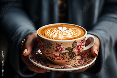 Closeup view on woman with mug of cappuccino in hands in autumn season