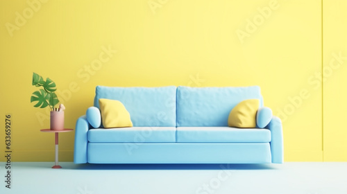 Bright yellow couch near color wall. 