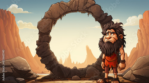 Cartoon caveman on the rock in the desert - illustration for children.