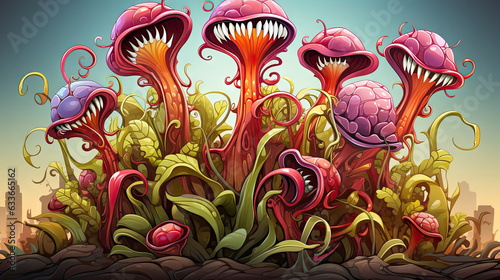 Illustration of a fantasy garden with Venus flytrap flowers and plants in the background.