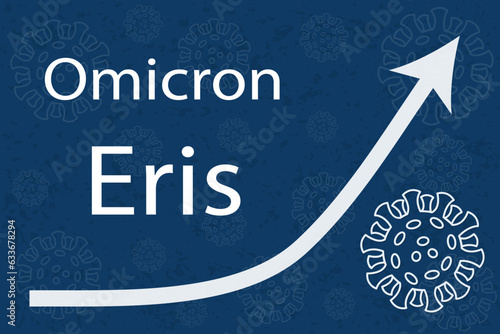 A new Omicron variant Eris (EG.5 alias XBB.1.9.2.5). The arrow shows a dramatic increase in disease. White text on dark blue background with images of coronavirus.