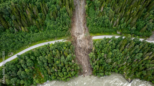 Massive landslide after heavy rain blocking road in central Norway