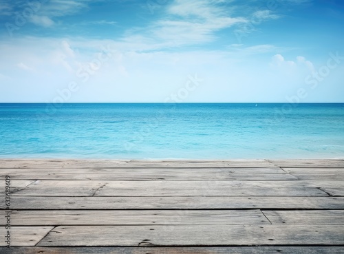 wooden deck waterfront sea shoreline background texture and water surface with small waves with horizon line, wallpaper pattern, copy space Created with Generative AI technology.