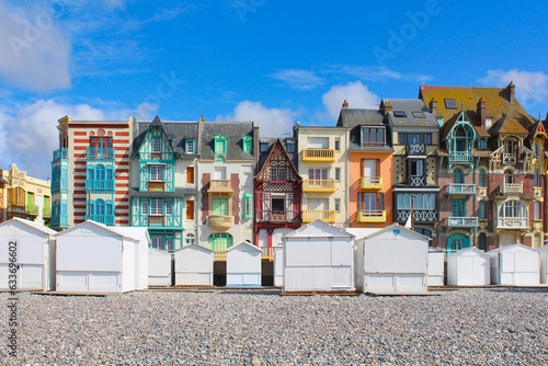 Typical facades on the seaside of Mers-les-Bains, limit of Hauts-de-France and Normandy. France