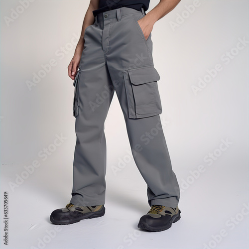 person in grey cargo pants, close up