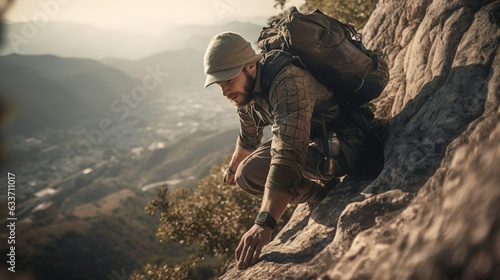 Professional climber mountaineer alpinist man with backpack climbing over cliff rock. Mountaineering extreme sport mountain climbing.