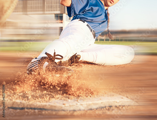 Slide, softball action and player in match or game for sports competition on a pitch in a stadium. Goal, ground and tournament performance by athlete or base runner in training, exercise or workout