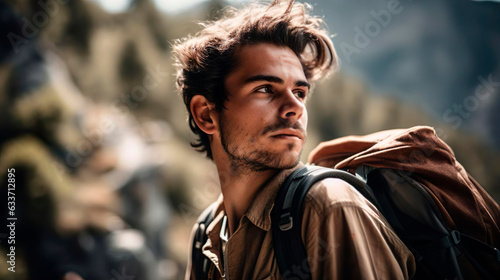 Portrait of male climber tourist mountaineer alpinist man with backpack. Mountaineering extreme sport mountain and hike.