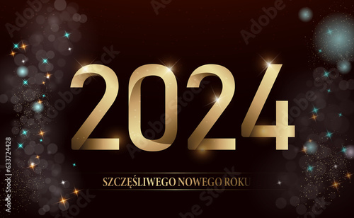 kartka lub baner, aby życzyć szczęśliwego nowego roku 2024 w złocie na czarnym tle, a po każdej stronie gwiazdy i koła w kilku kolorach z efektem bokeh