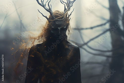Mysterious creature in a forest. A fantasy-themed image with an eerie and dark atmosphere.