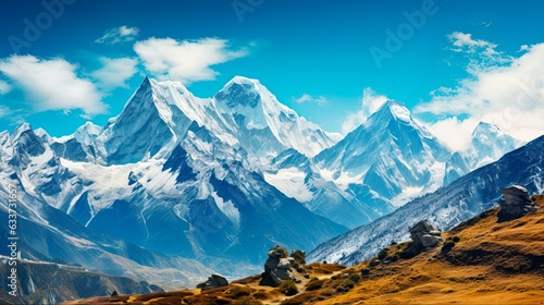 Majestic Mountains Range Panoramic View. Scenic Landscape of Snow-capped Peaks and Rugged Terrain in Everest, Nepal Region: Generative AI